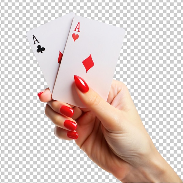 Duas cartas de poker com a mão da mulher isolada em fundo transparente