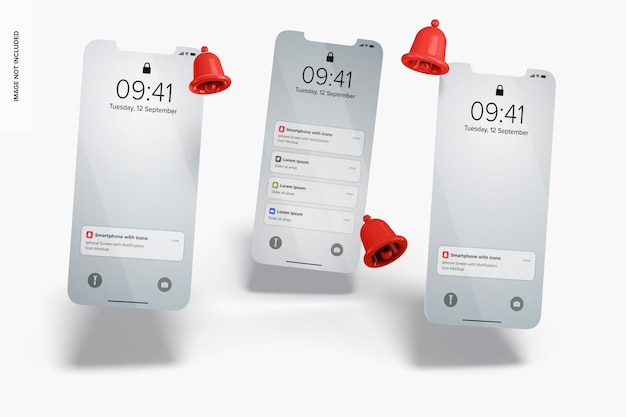 Écrans d'iPhone avec maquette d'icône de notification, vue de face