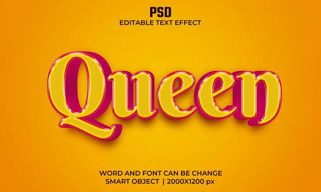 Effet de texte modifiable Queen 3d Psd Premium avec arrière-plan