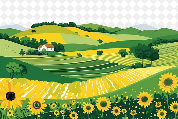 PSD ein feld von sonnenblumen mit einem haus im hintergrund