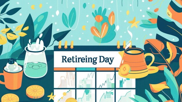 PSD ein kalender mit den worten "retirement day" hervorgehoben, umgeben von tropischen pflanzen, einer teekanne, einer tasse und anderen gegenständen, die auf einen entspannten und freudigen ruhestand hindeuten