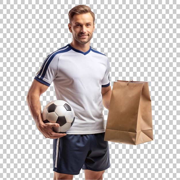 ein Mann mit einem Ball, der ein V-Hals-Fußballtrikot auf einem transparenten Hintergrund trägt