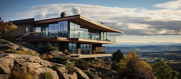 PSD ein modernes glashaus, das auf einer felsigen landschaft mit malerischer aussicht angesiedelt ist