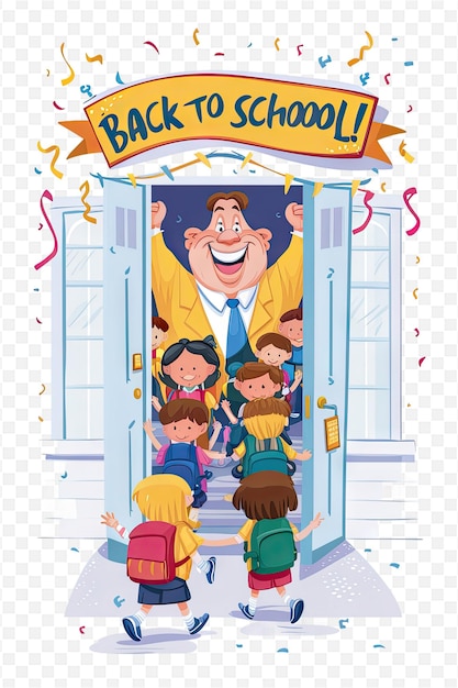 PSD ein plakat für die rückkehr zur schule mit einer karikatur von kindern mit einer cartoon von einem mann und einem kind mit rucksäcken