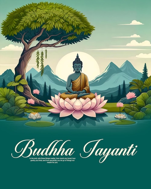 PSD ein plakat für einen buddha, der auf einer lotusblume mit einem baum im hintergrund sitzt