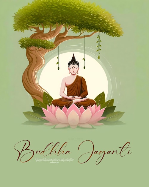 PSD ein plakat für einen buddha, der unter einem baum sitzt, in dem ein buddha sitzt