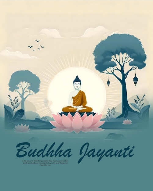 PSD ein plakat mit einem bild eines in einer lotusblume sitzenden buddhas