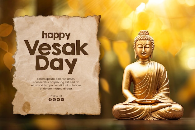 ein Plakat mit einer Buddha-Statue und den Worten "Glücklicher Vesak-Tag"