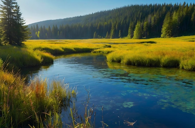 PSD ein ruhiger bergsee, umgeben von wildblumenwiesen