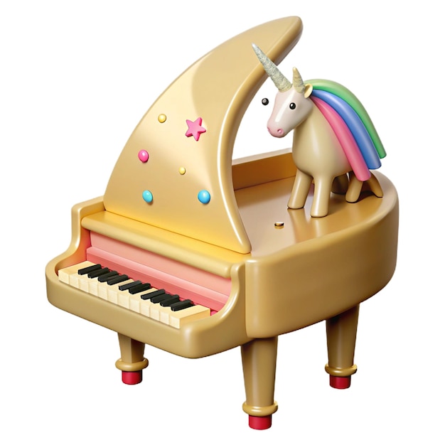 PSD ein spielzeug-einhorn mit regenbogen auf dem rücken sitzt auf einem klavier