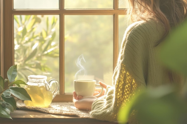 PSD eine frau in einem pullover hält eine tasse heißen tee am fenster und genießt das sonnenlicht