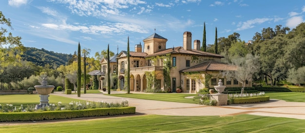 PSD eine große luxuriöse villa im italienischen stil mit einer langen einfahrt, gepflegten rasenflächen und gärten und einem brunnen im vordergrund