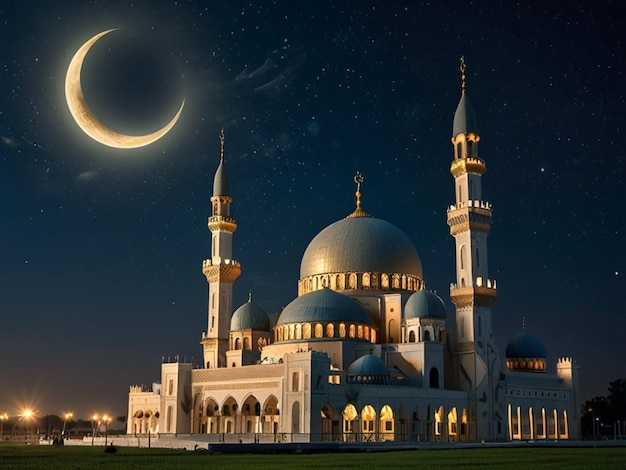 eine Moschee mit einem Mond und einem Mond am Himmel