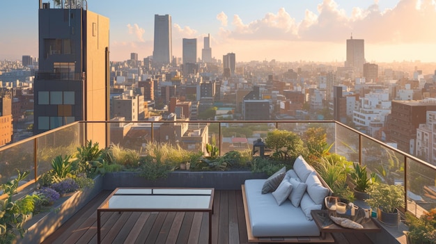 PSD eine ruhige dachterrasse mit blick auf die lebendige skyline der stadt