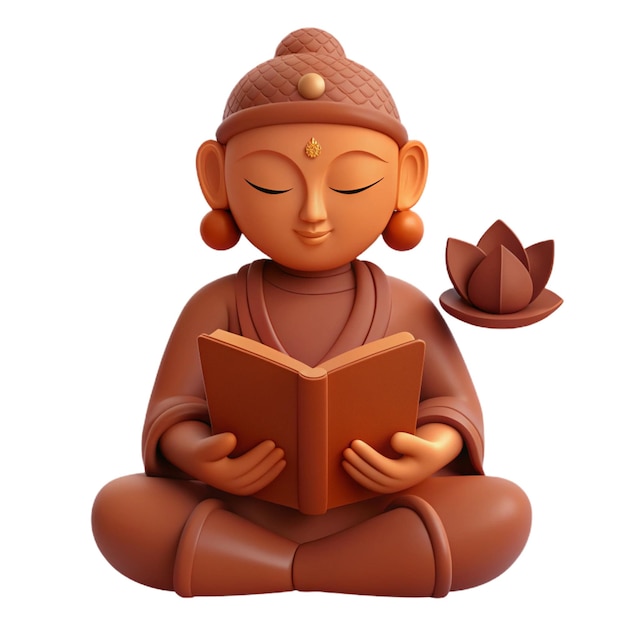 eine Statue von Buddha, die ein Buch mit einem Blatt im Hintergrund liest