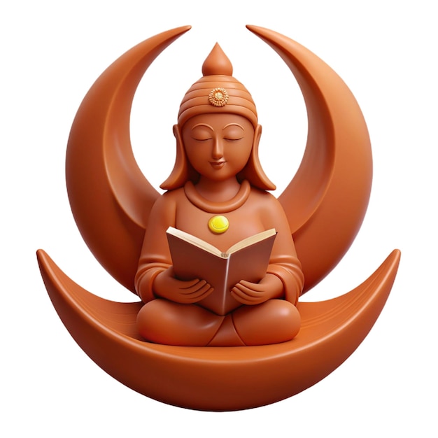 PSD eine statue von buddha, die ein buch mit einem mond dahinter liest