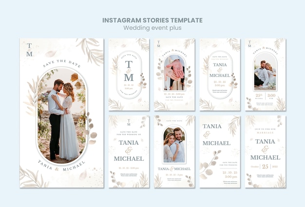 PSD elegante raccolta di storie di instagram di matrimonio con vegetazione