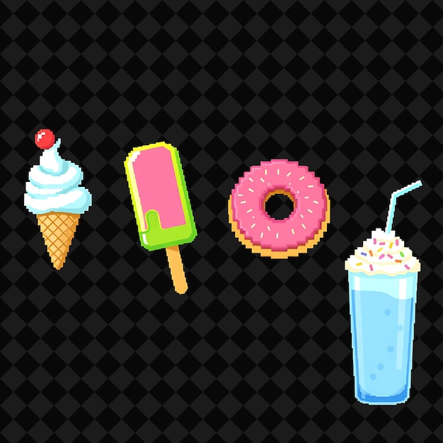 PSD avec des éléments de jeu glace cône glace donut milkshake un glace vanille cône avec une cerise sur t