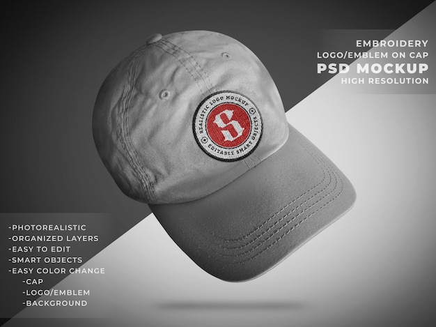 PSD emblème réaliste ou maquette d'insigne sur une casquette en tissu gabardine