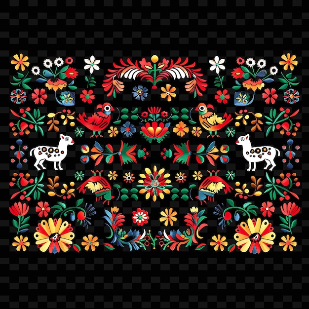 PSD embroidery otomi mexicano com motivos animais e florais borde png desenhos únicos de motivos estilizados