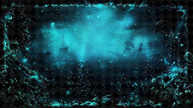 Enchanted Underwater Shipwreck Arcane Frame avec navire coulé Neon Color Frame Collection d'art Y2K