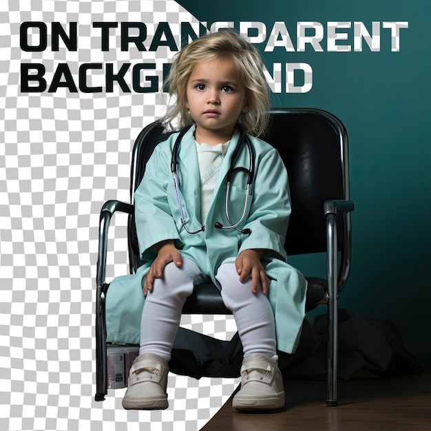 PSD une enfant en bas âge anxieuse avec des cheveux blonds d'origine ethnique du moyen-orient vêtue d'une tenue paramédicale pose en pleine longueur avec un prop comme un style de chaise sur un fond vert pastel