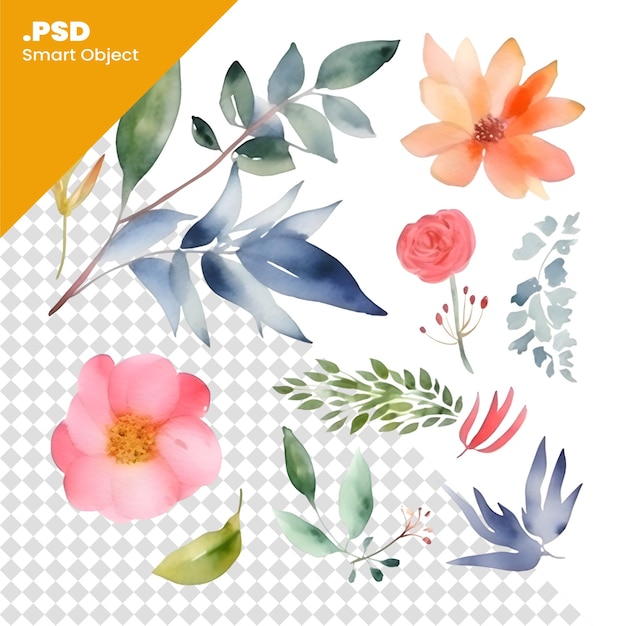 PSD ensemble de fleurs et de feuilles à l'aquarelle illustration vectorielle peinte à la main modèle psd