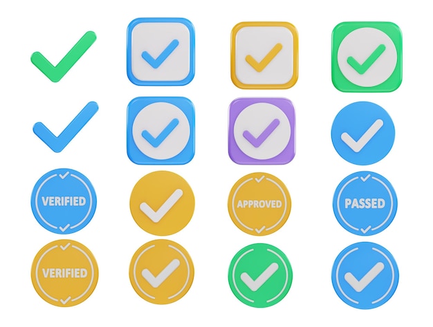 PSD un ensemble d'icônes qui disent approuvé passé et icône de vérification illustration vectorielle de rendu 3d