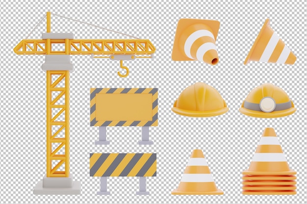 Ensemble d'outils et d'équipements de construction grue à tour jaune En construction signe cône de signalisation Casque de sécurité rendu 3d de la fête du travail