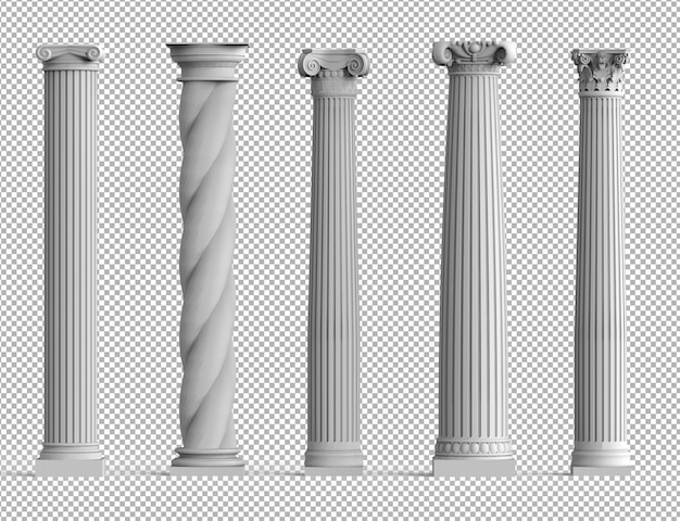 PSD ensemble réaliste d'anciennes colonnes 3d isolées avec différents styles d'architecture grecque.