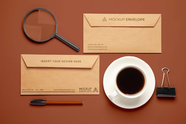 PSD enveloppe en papier kraft et arrangement de café vue de dessus