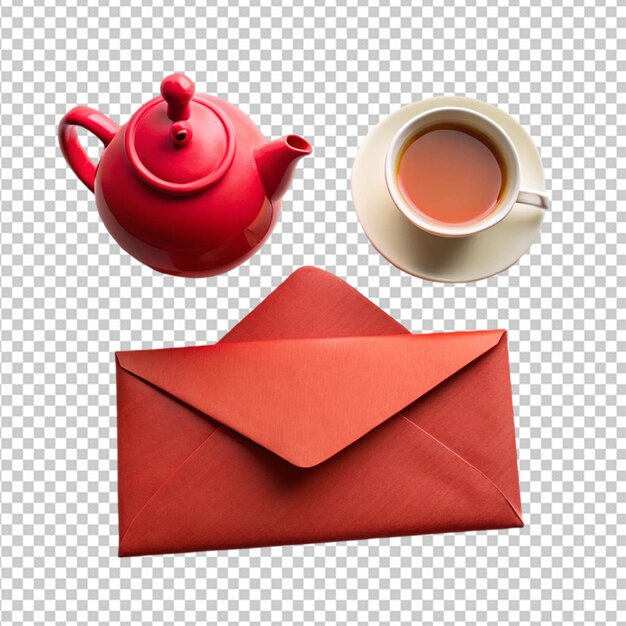 PSD enveloppe rouge avec théière et tasse