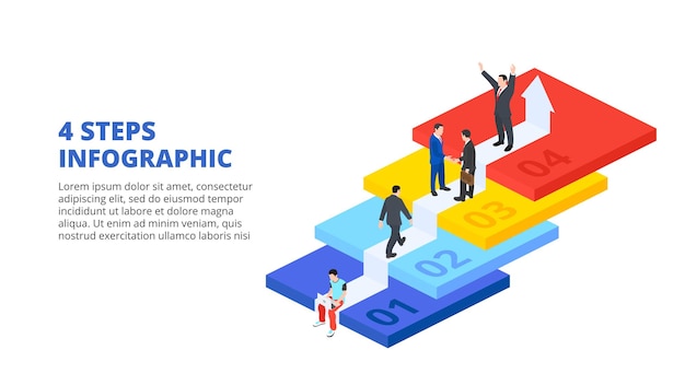 PSD escaliers isométriques avec des personnes pour démarrer le concept de croissance infographique avec 4 étapes