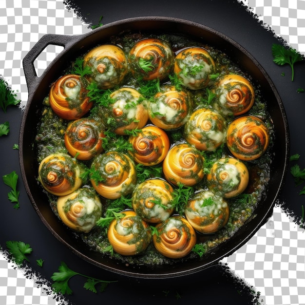 PSD des escargots cuits avec du beurre d'ail et des herbes fraîches dans une casserole en céramique sur un fond transparent