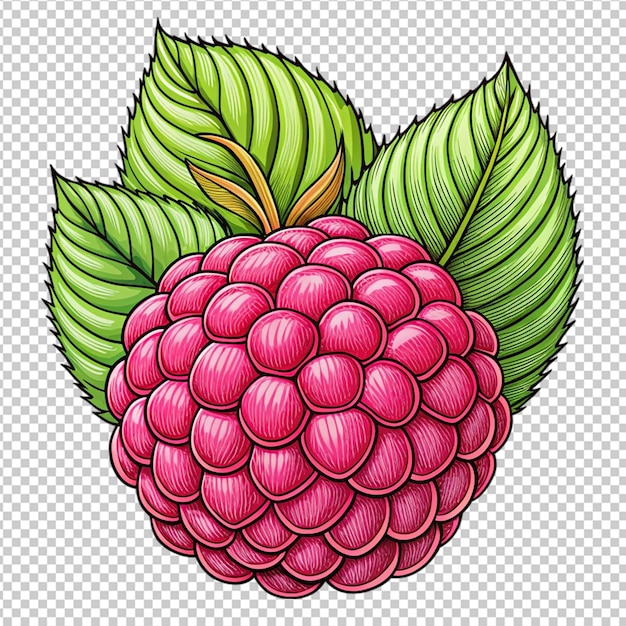 PSD étiquette d'icône de framboise vibrante avec un dessin de feuillage détaillé