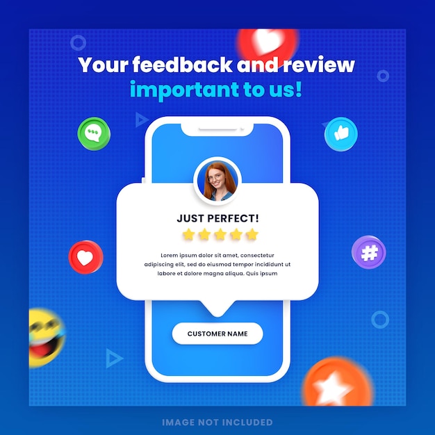 Examen des commentaires des clients en 3D ou modèle de publication instagram sur les médias sociaux avec maquette