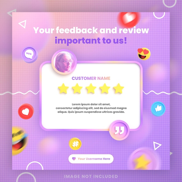 PSD examen des commentaires des clients en 3d ou modèle de publication instagram de témoignages sur les réseaux sociaux avec maquette