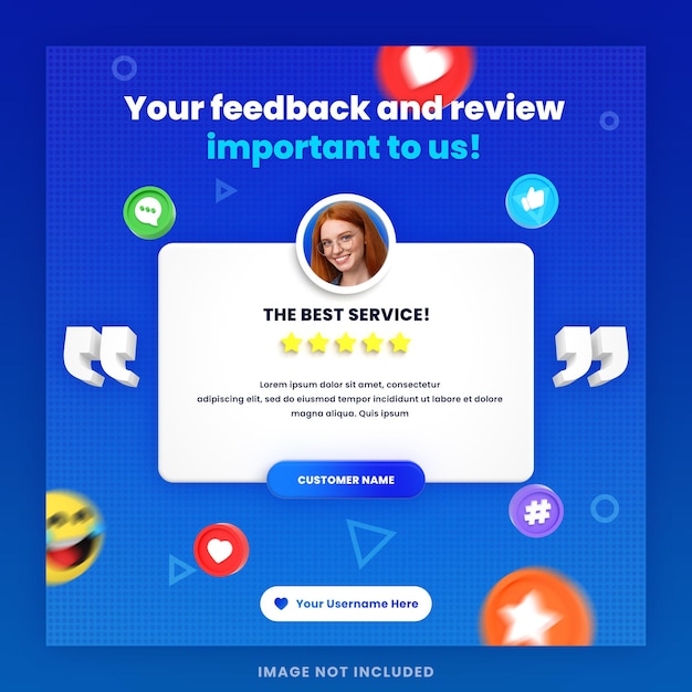 Examen des commentaires des clients en 3D ou modèle de publication instagram de témoignages sur les réseaux sociaux avec maquette