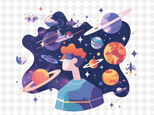 PSD explorador espacial futurista com personagens explorando e estudando pessoas png em ilustração de trabalho diário