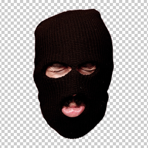 PSD expression de tête de jeune homme fou barbu isolé. criminel avec un rôle de masque de ski. concept triste