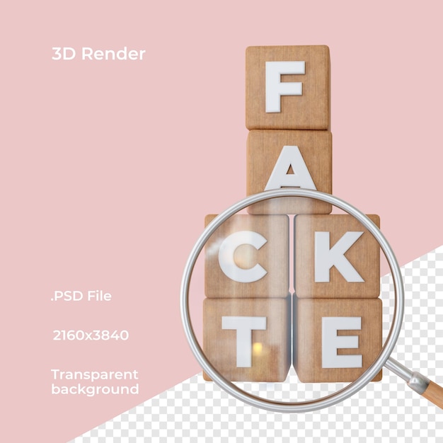 PSD fakt oder gefälschte vertikale würfel mit lupe auf transparentem hintergrund 3d-rendering