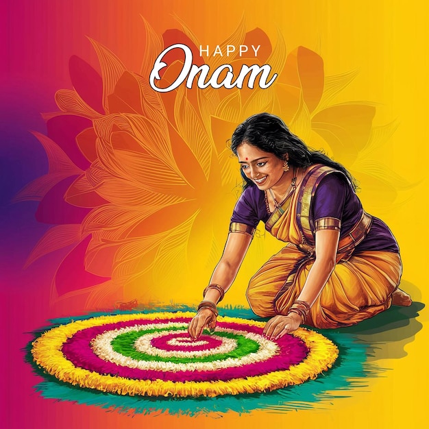 Felice kerala fesival onam saluti malayali ragazze che fanno pookalam