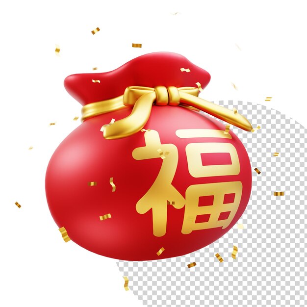 PSD feliz ano novo chinês riqueza e prosperidade com bolsa de dinheiro chinesa 3d elementos festival asiático para banner cartaz flyers cartão de saudação renderização 3d