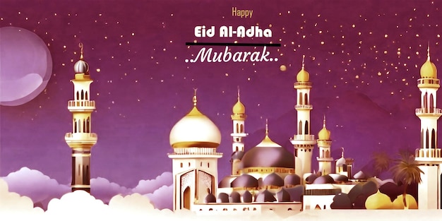 Feliz Eid al adha mubarak ilustração de bandeira Mosque Background Desenho de cartão de saudação