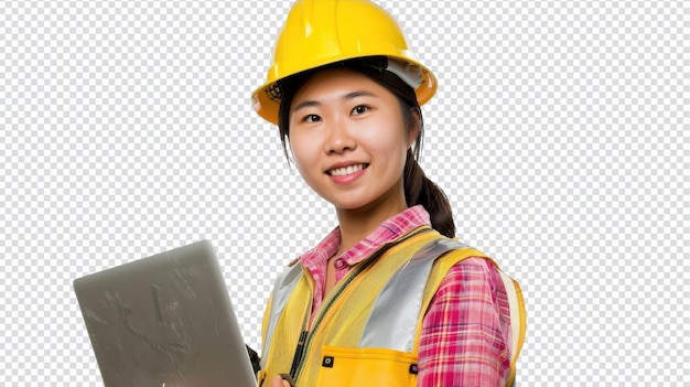 PSD une femme asiatique souriante portant un casque de sécurité sur le chantier souligne la sécurité et le professionnalisme