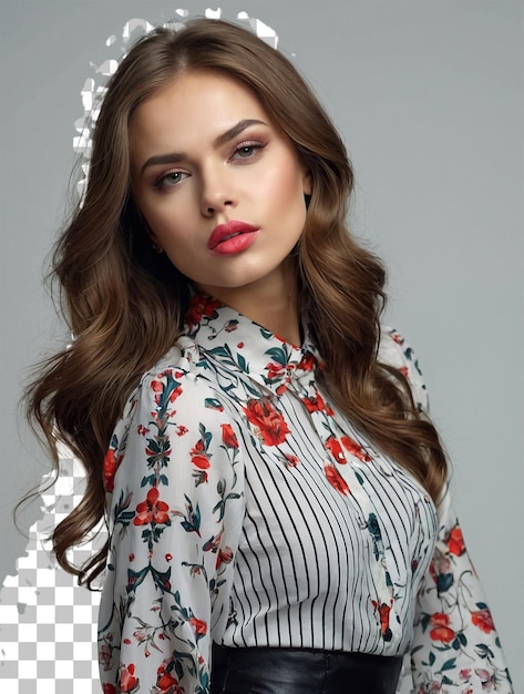 une femme aux longs cheveux bruns portant une robe blanche et rouge avec un motif floral sur le devant