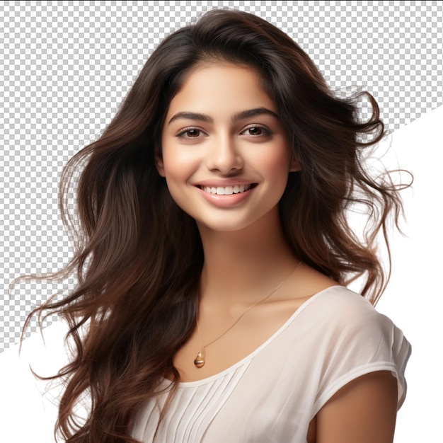 une femme aux longs cheveux bruns souriant avec une chemise blanche dessus