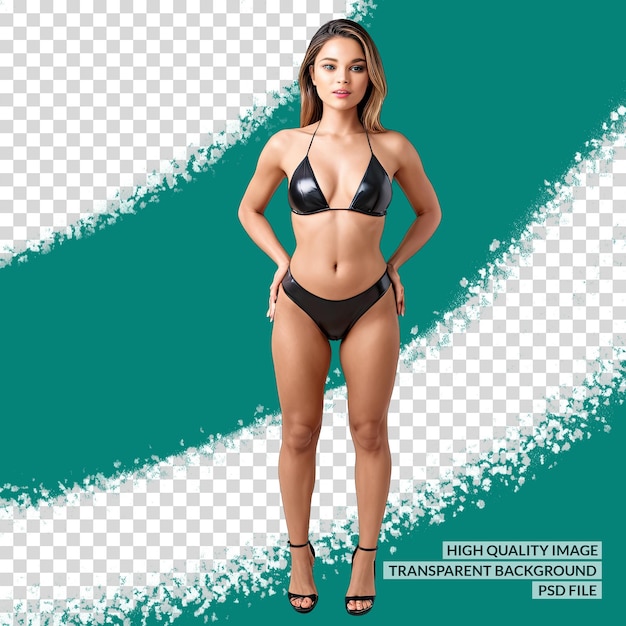 PSD une femme en bikini se tient devant un fond vert avec des lignes blanches