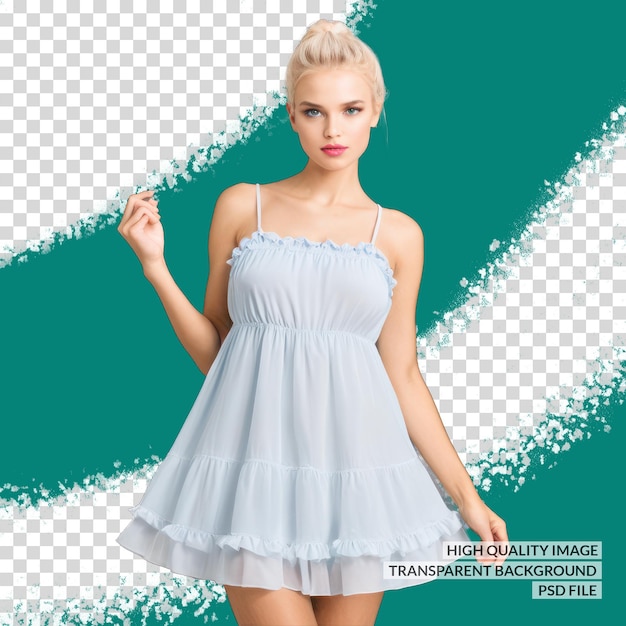 PSD une femme dans une robe blanche avec un fond bleu avec une photo d'une femme blonde