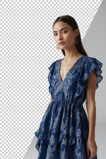 PSD une femme dans une robe bleue avec une impression bleue sur le devant